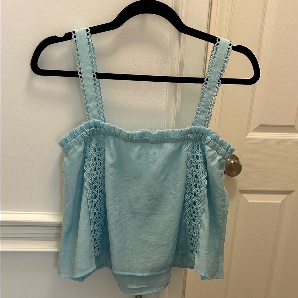 ELAN Blue Crochet Trim Flowy Tank Top Boho Square Neck Ruffle Sleeveless Sz S